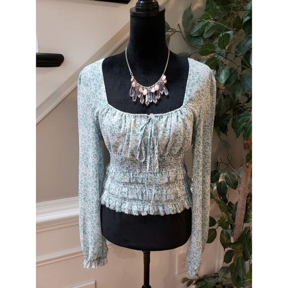 Millibon Blouse Top Womens L Green Floral Ruffled Smocked Tie Front Square Neck - Picture 2 of 12